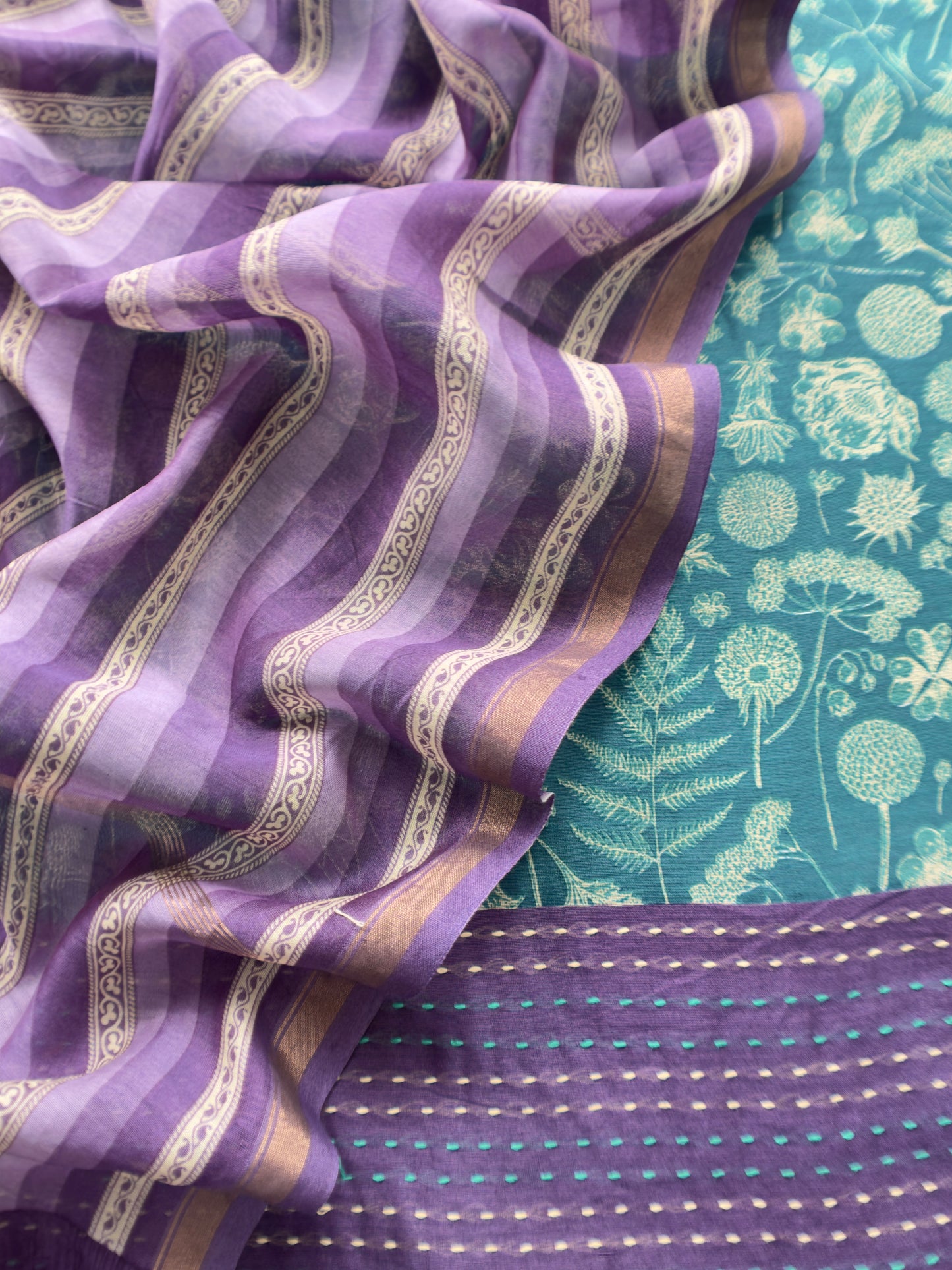 Purple And Green Block Print Handloom Maheshwari Silk Suit With Kantha Work