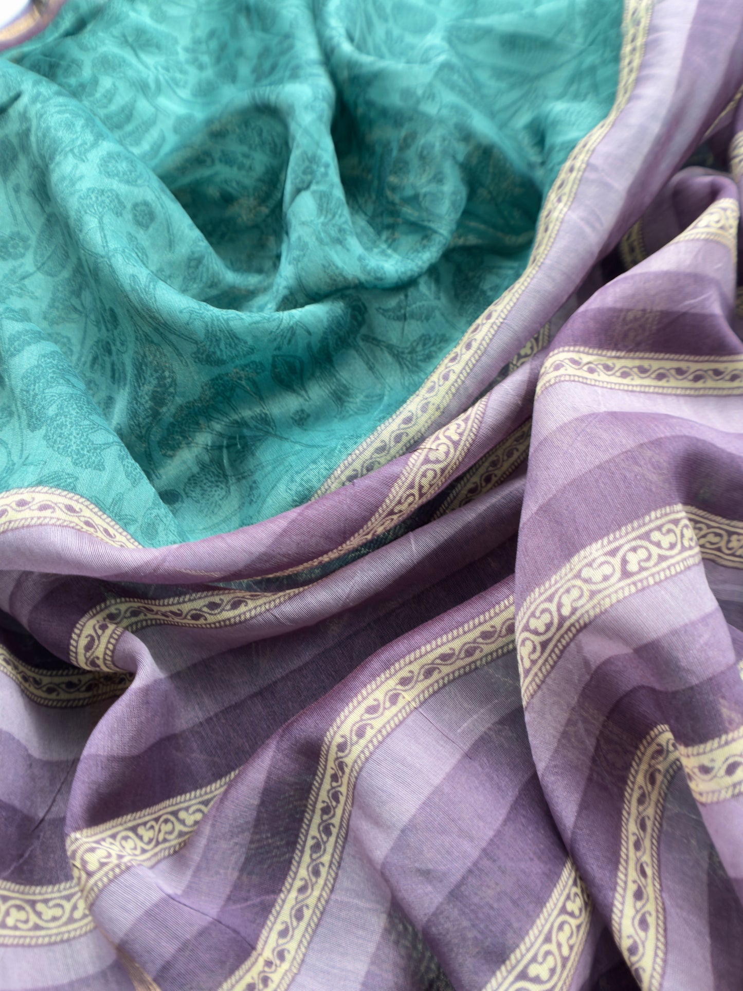 Purple And Green Block Print Handloom Maheshwari Silk Suit With Kantha Work