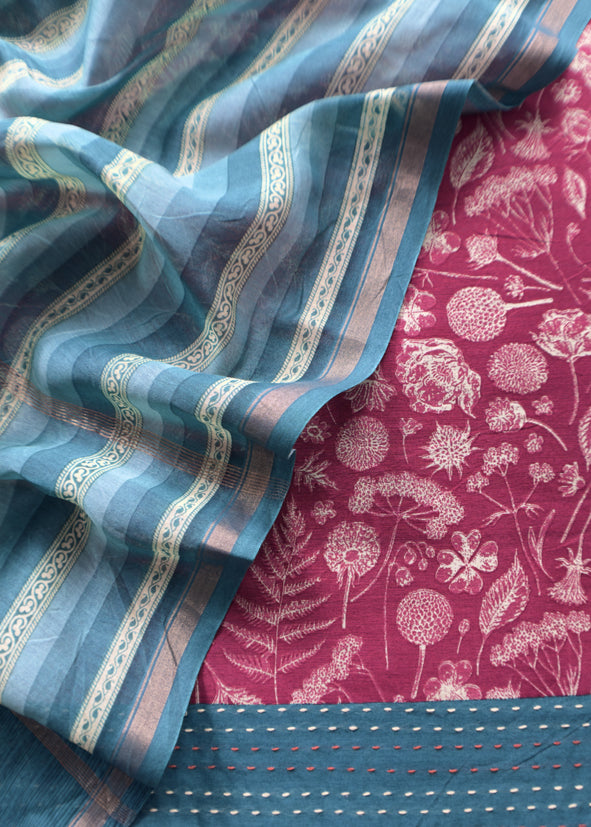 Red And Green Block Print Handloom Maheshwari Silk Suit With Kantha Work