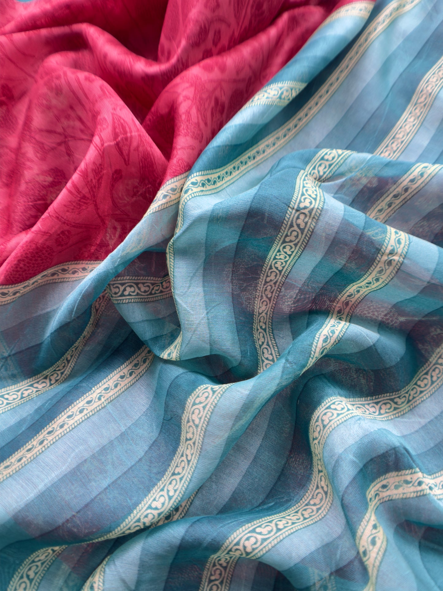 Red And Green Block Print Handloom Maheshwari Silk Suit With Kantha Work