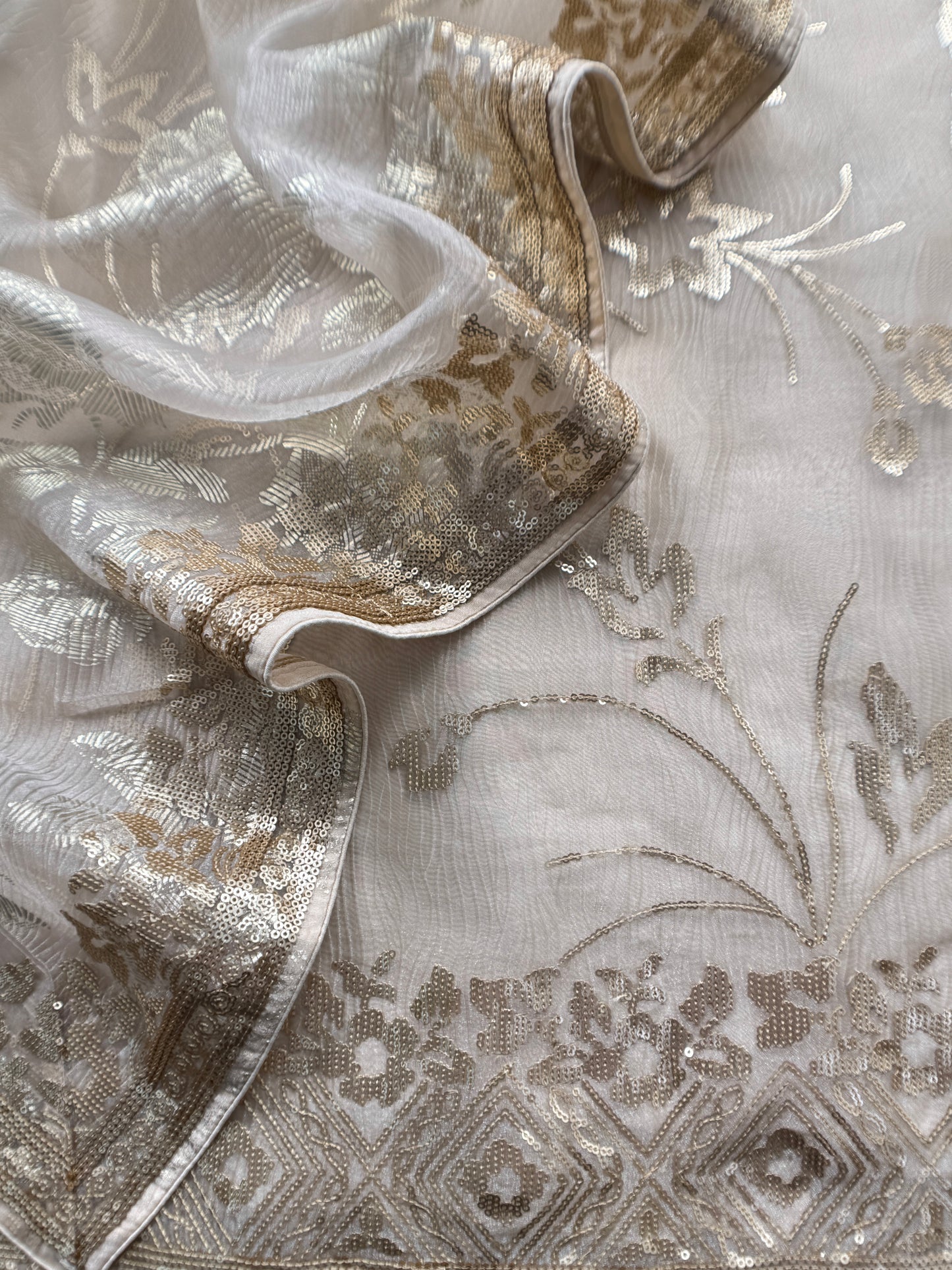 Off White Pure Crushed Tissue Suit With Dupatta