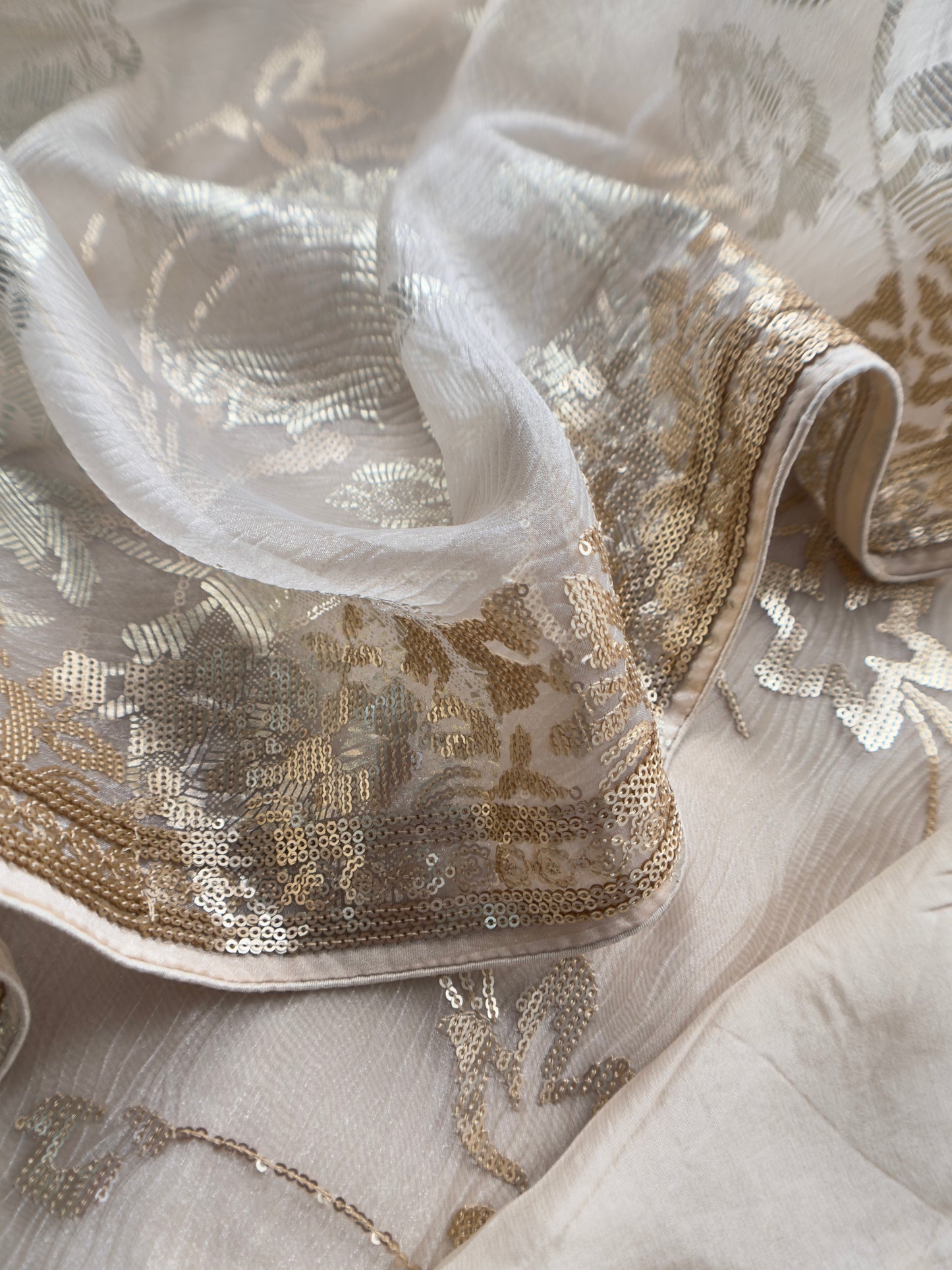 Off White Pure Crushed Tissue Suit With Dupatta