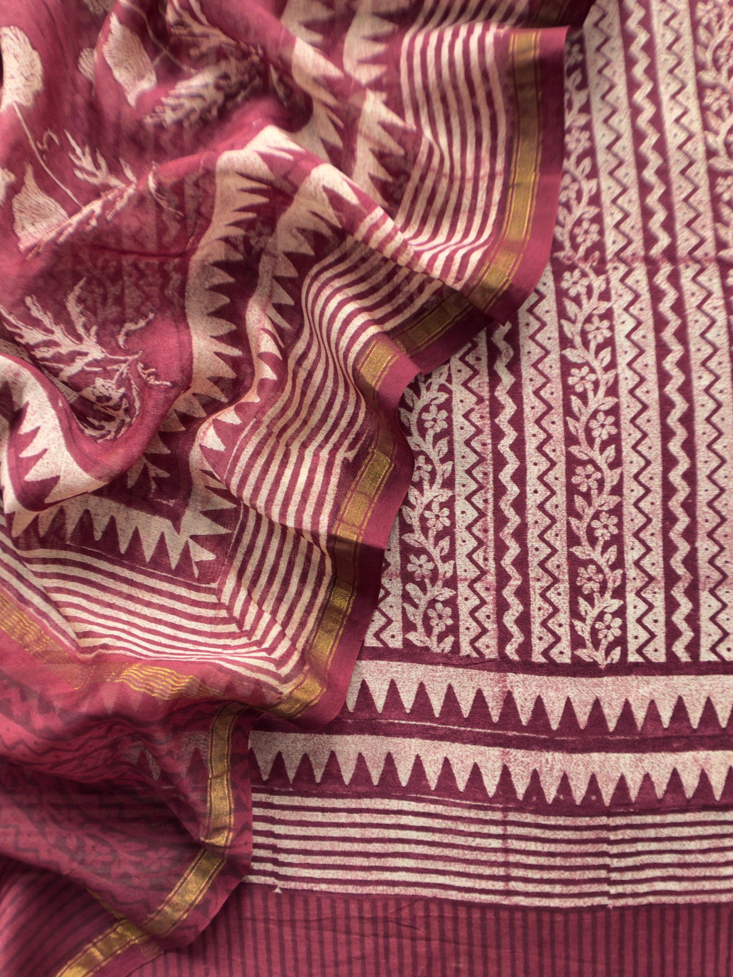 Brown Red Blockprint Handloom Maheshwari Silk Suit fabric