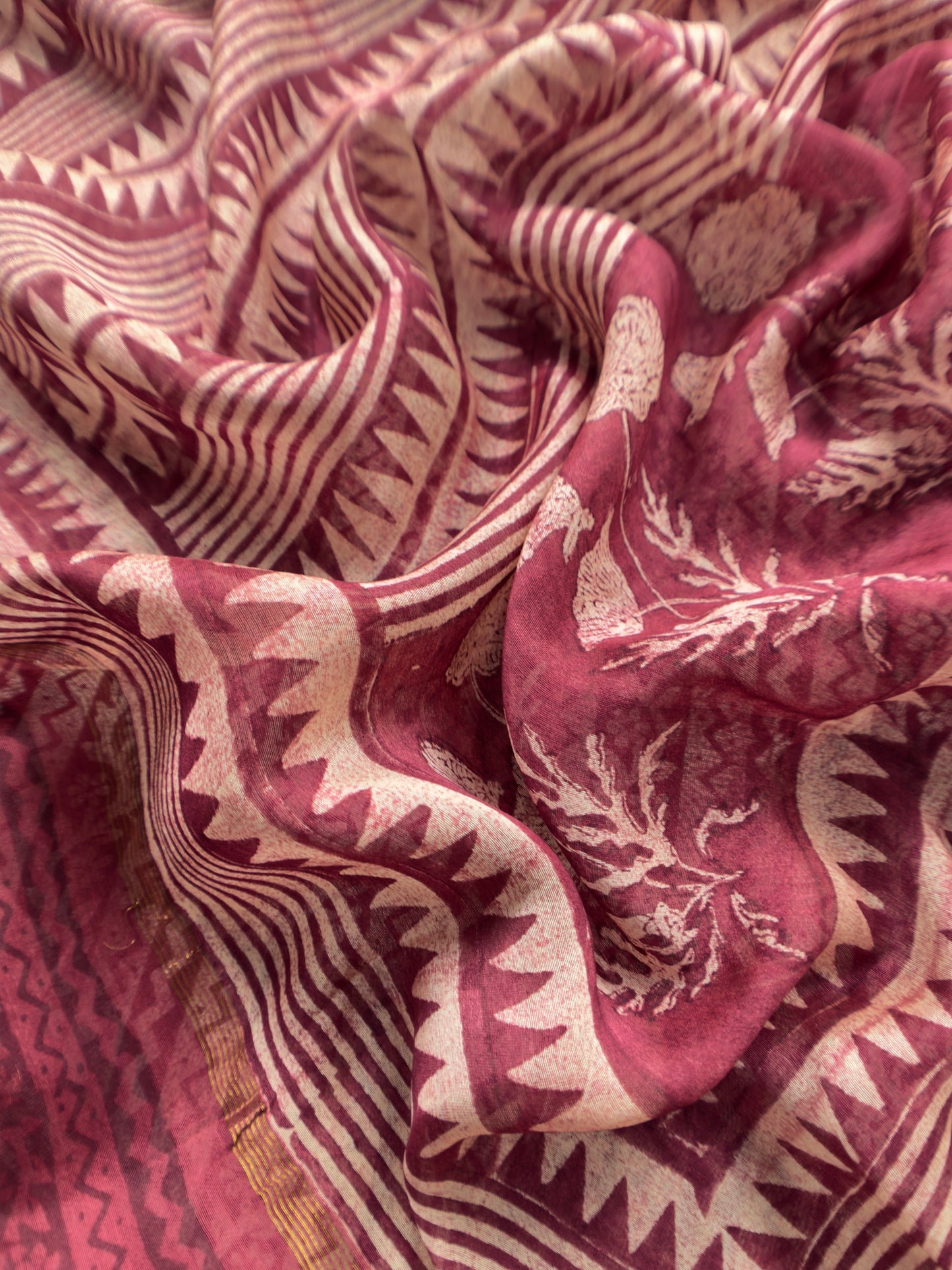 Brown Red Blockprint Handloom Maheshwari Silk Suit fabric
