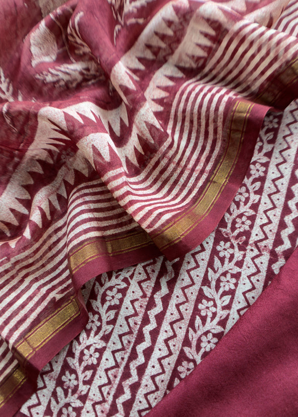Brown Red Blockprint Handloom Maheshwari Silk Suit fabric