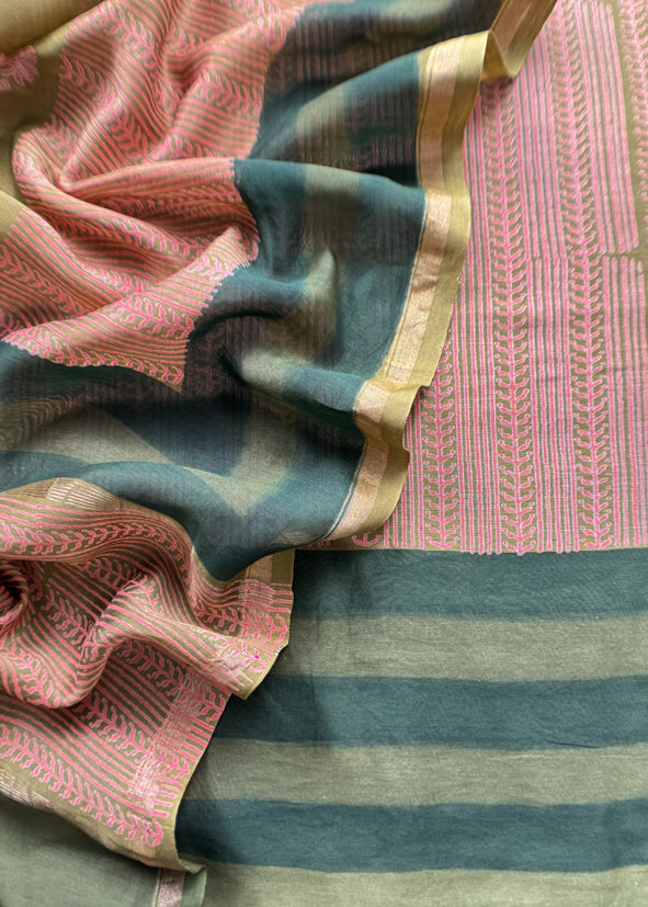 Pure Maheshwari Silk Suit With Block Print Dupatta