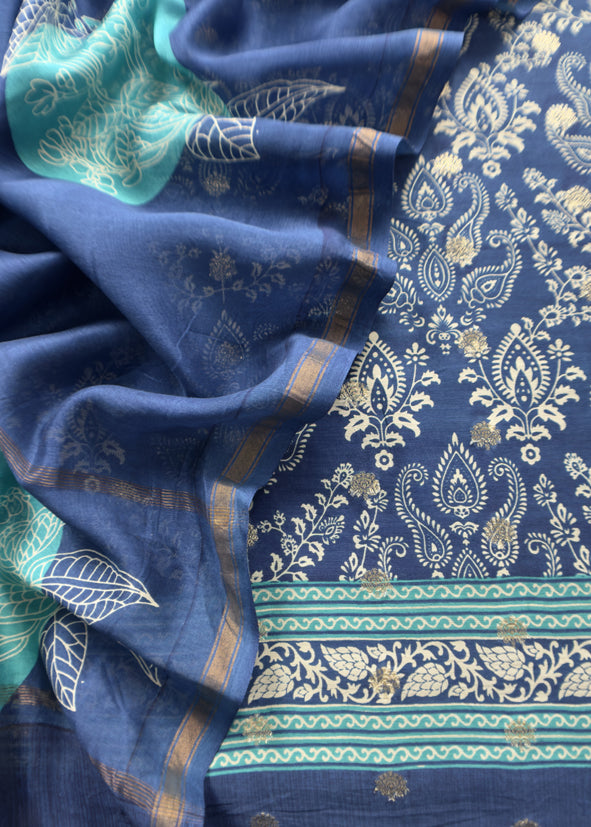 Blue Pure Maheshwari Silk Suit With Banarasi Bootis