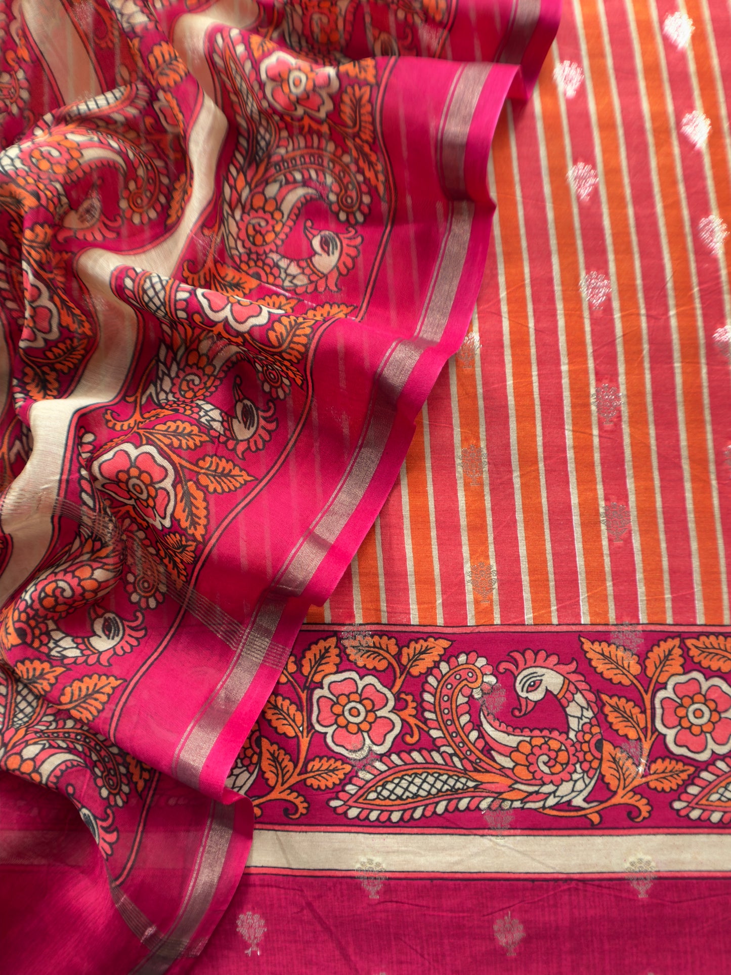 Red Pure Maheshwari Silk Unstitched Suit fabric with Banarasi bootis and Kalamkari print