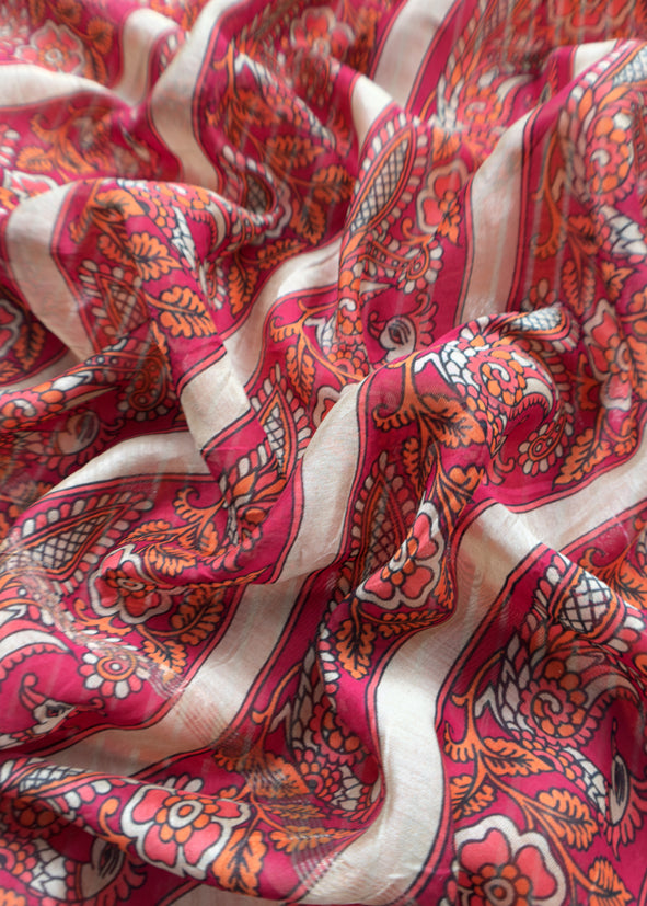 Red Pure Maheshwari Silk Unstitched Suit fabric with Banarasi bootis and Kalamkari print