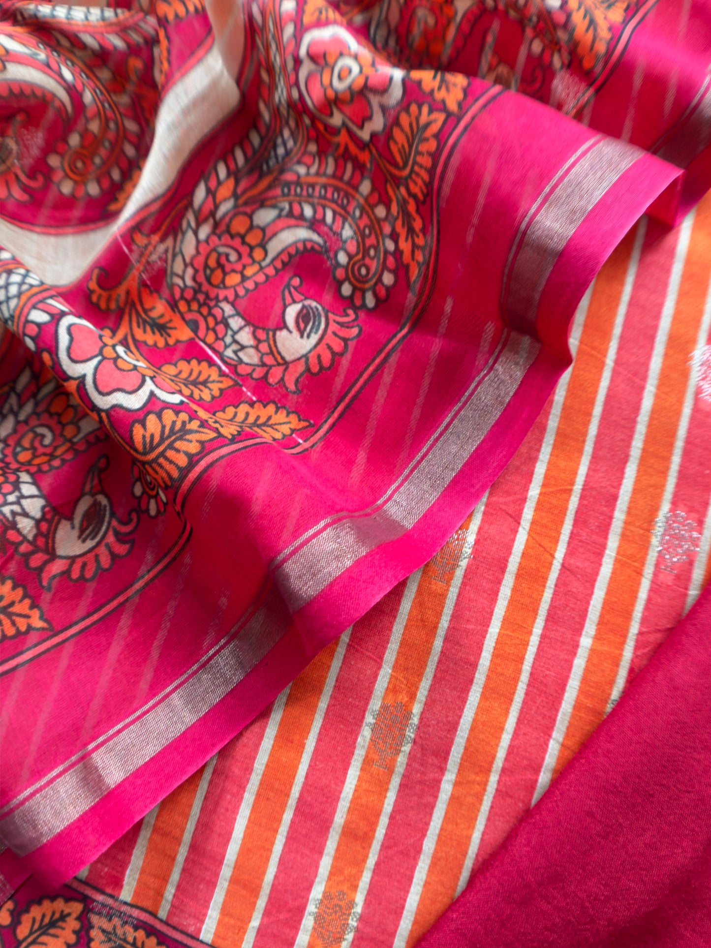 Red Pure Maheshwari Silk Unstitched Suit fabric with Banarasi bootis and Kalamkari print