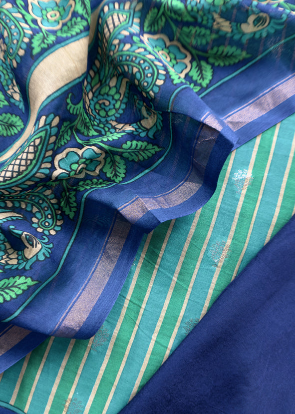 Blue Pure Maheshwari Silk Unstitched Suit fabric with Banarasi bootis and Kalamkari print