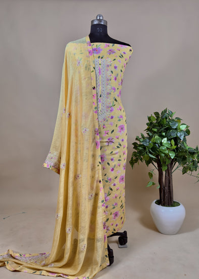 Yellow Linen Digital Print Unstitched Salwar Suit Set