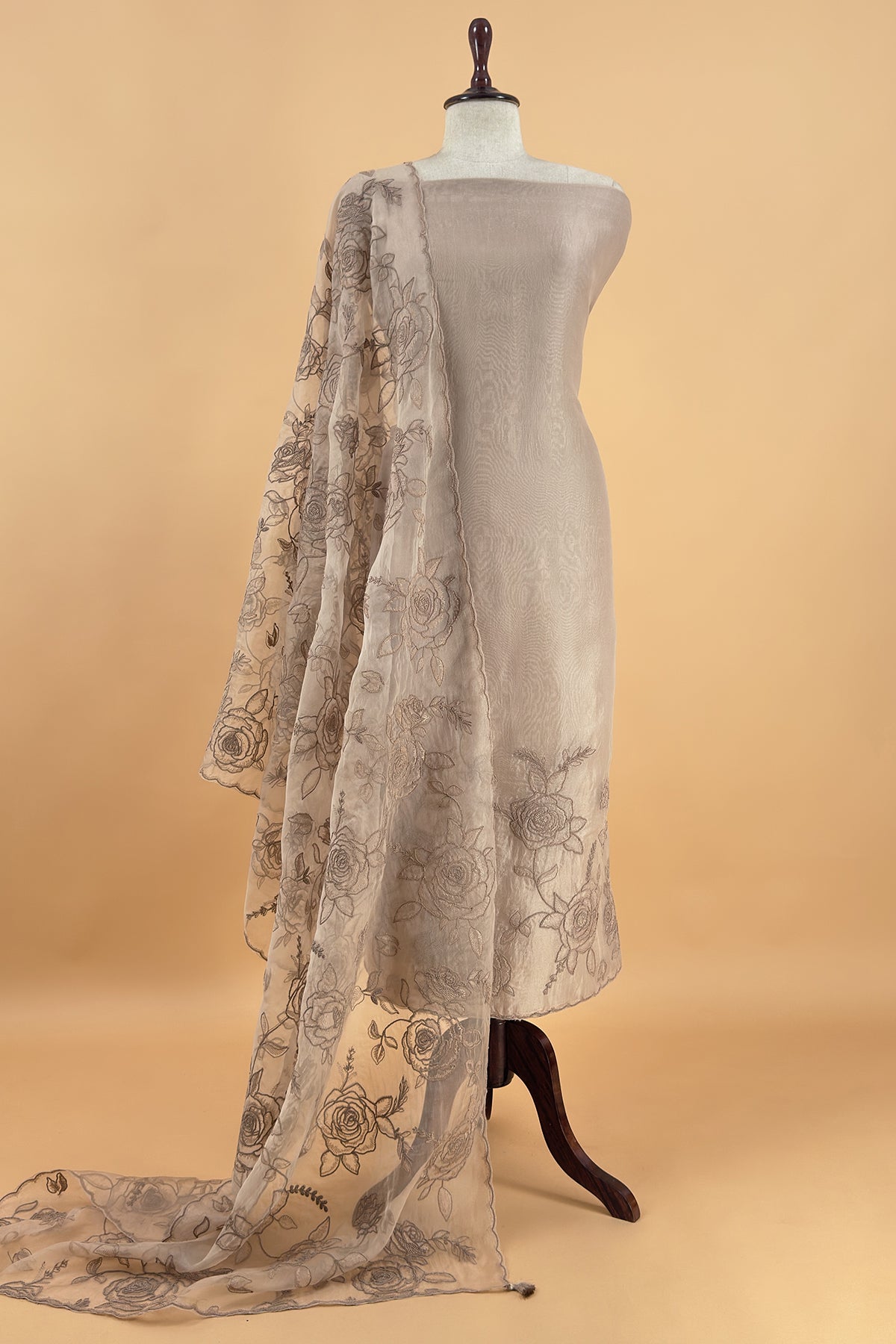 Beige Pure Kora Silk Suit With French Thread Embroidery