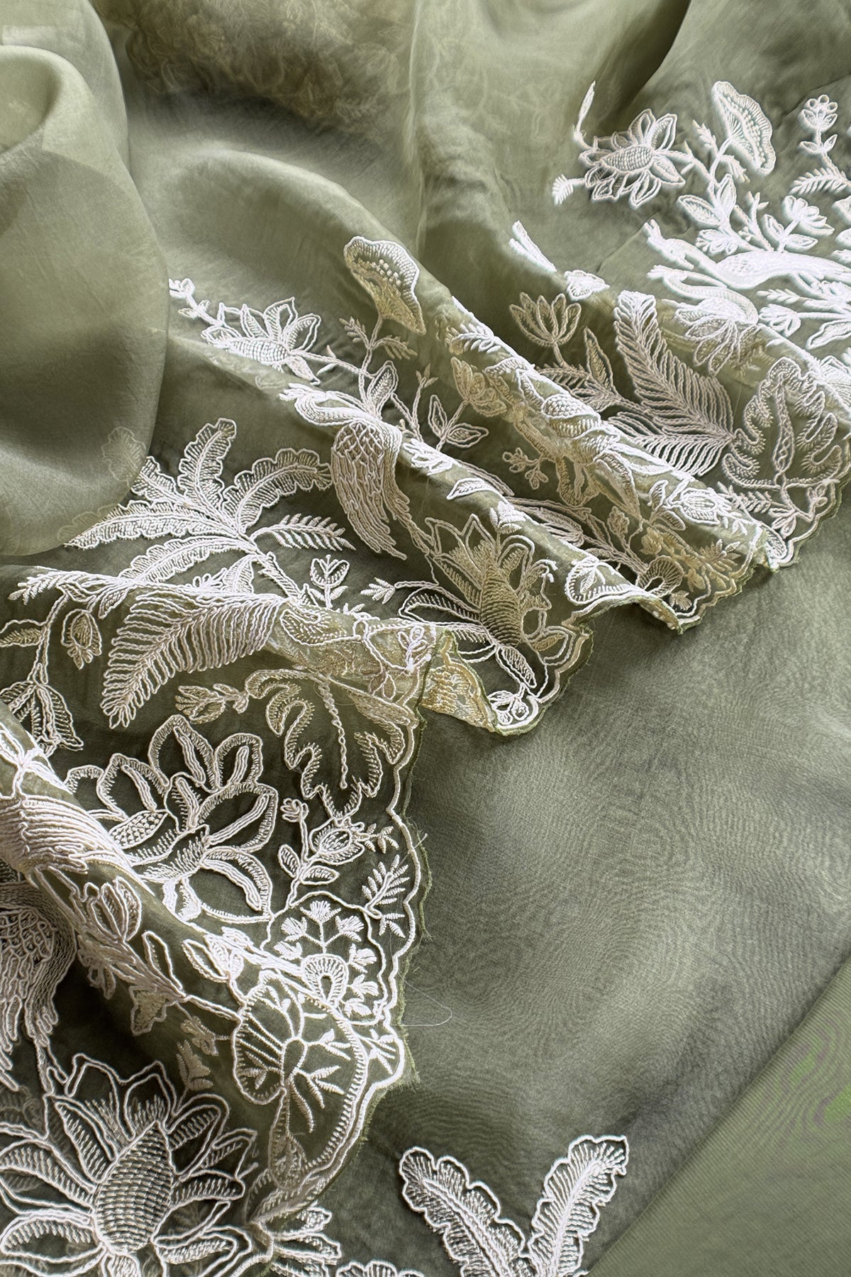 Kalasheel Luxe Sage Green Handloom Organza Suit With Garden French Embroidery