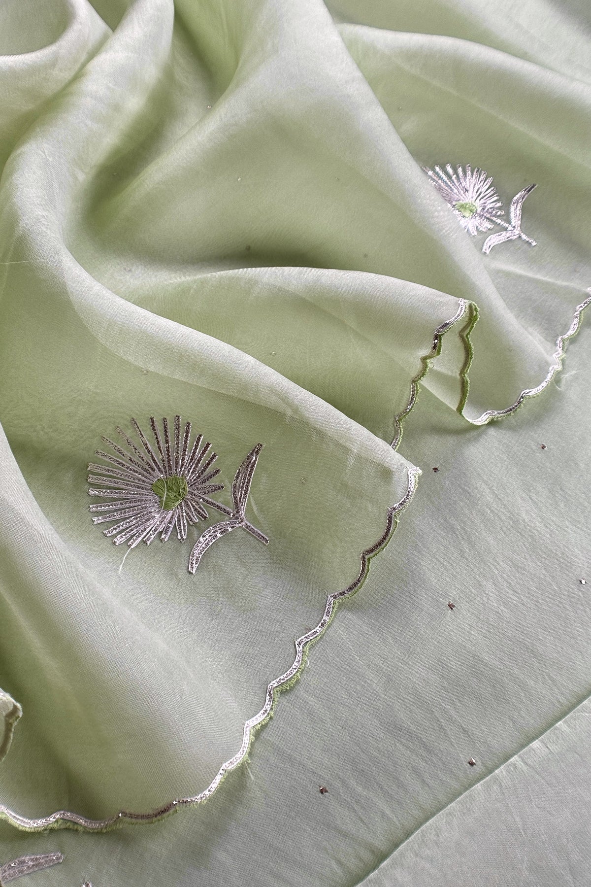 Pastel Green Handloom Organza Silk Unstitched Suit Fabric With Gota Handwork