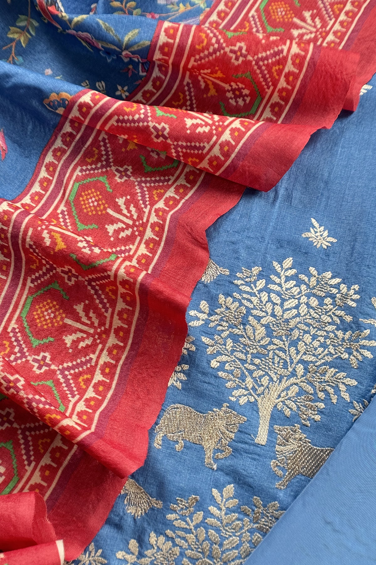 Blue Pure Tussar Silk Suit With Patola Dupatta