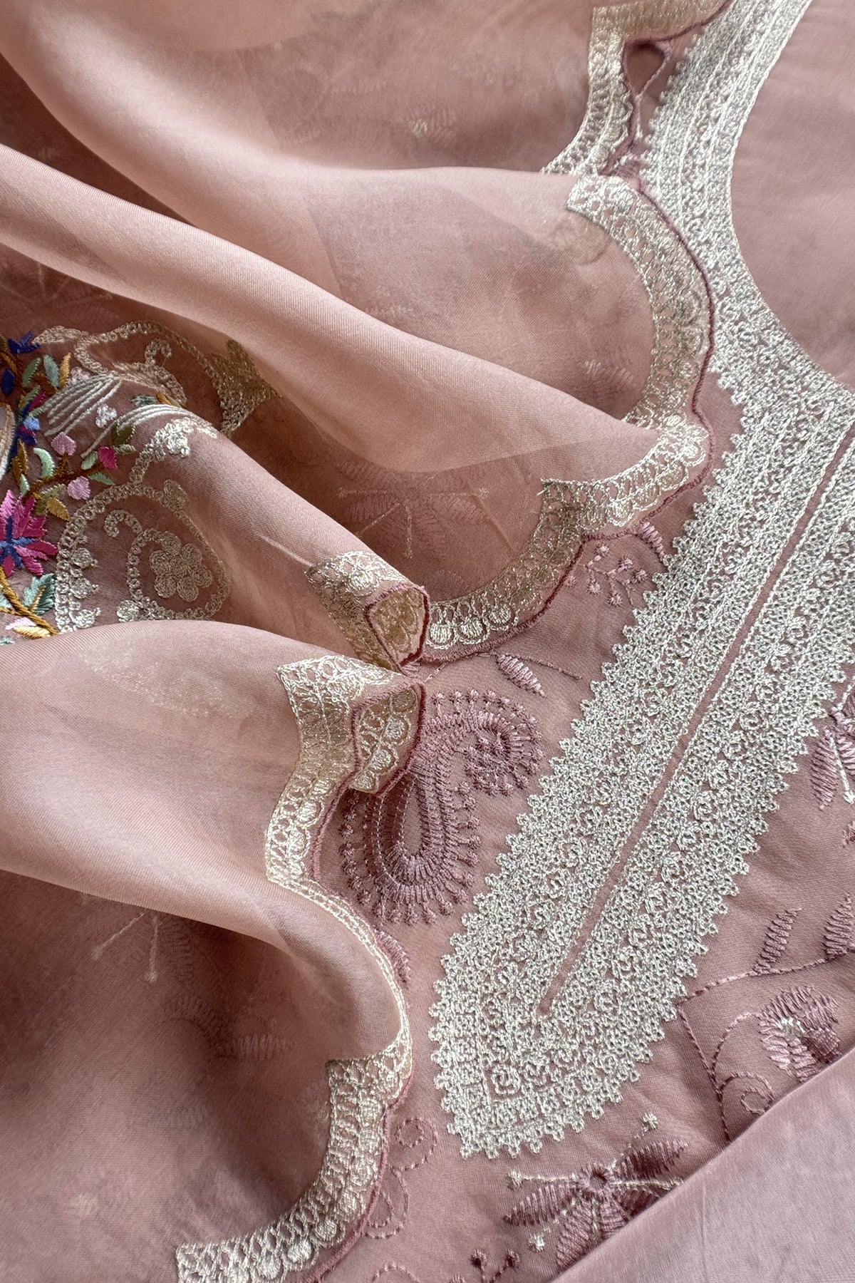 Blush Pink Handloom Kora Silk Suit With Resham Thread Embroidery