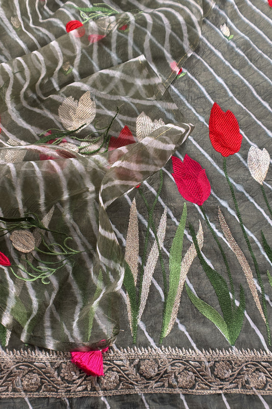 Grey Pure Lehariya Silk Suit With Organza Dupatta