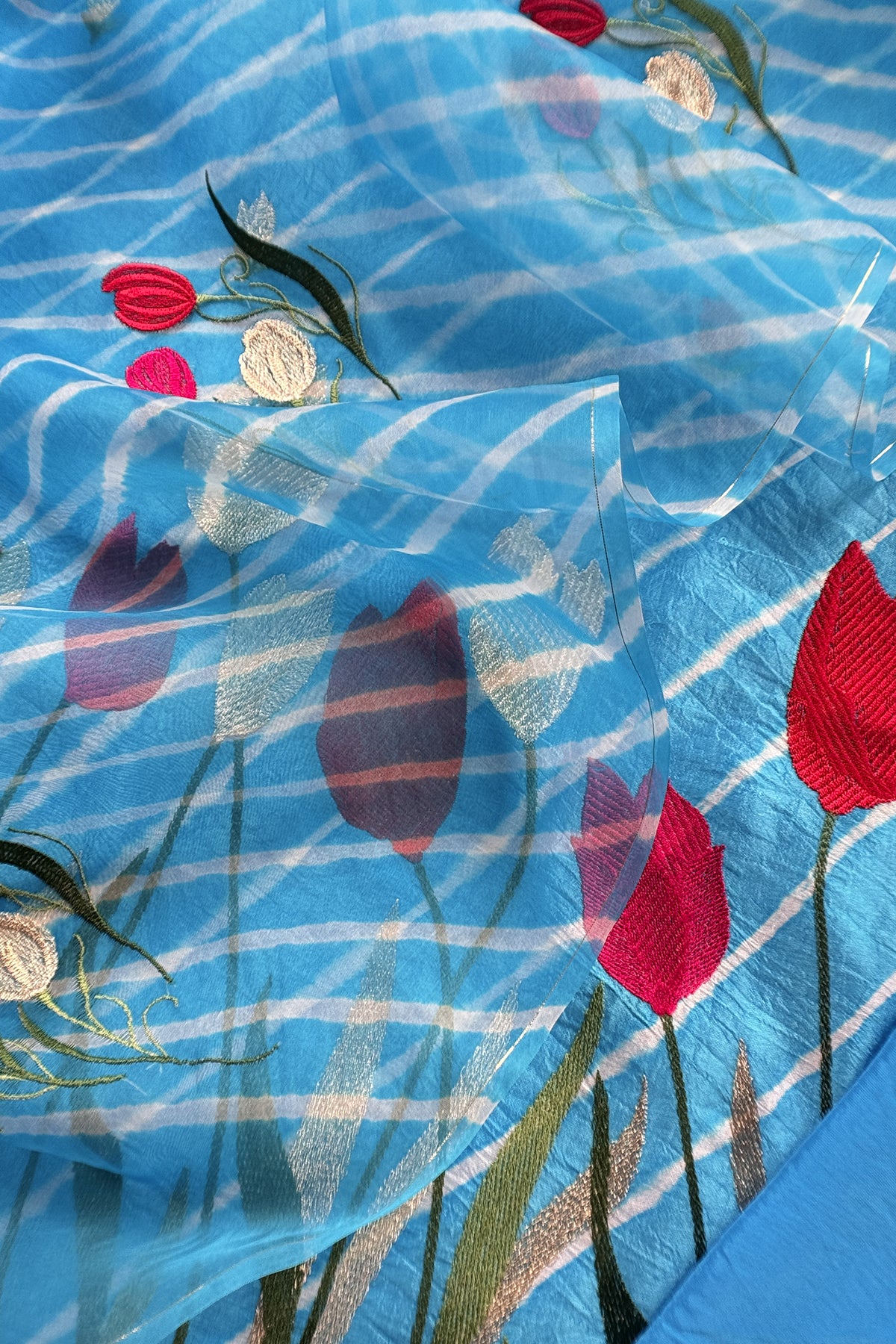 Blue Pure Lehariya Silk Suit With Organza Dupatta