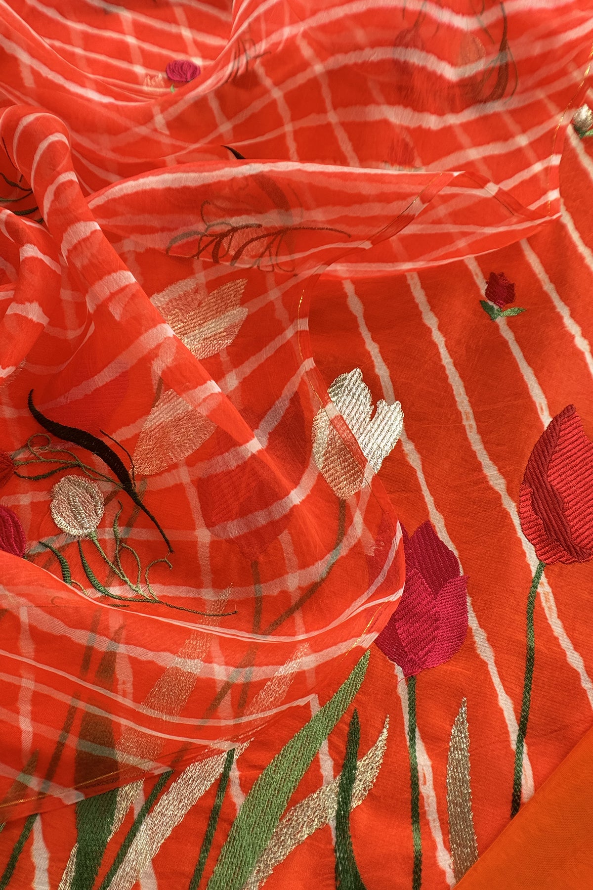 Orange Pure Lehariya Silk Suit With Organza Dupatta