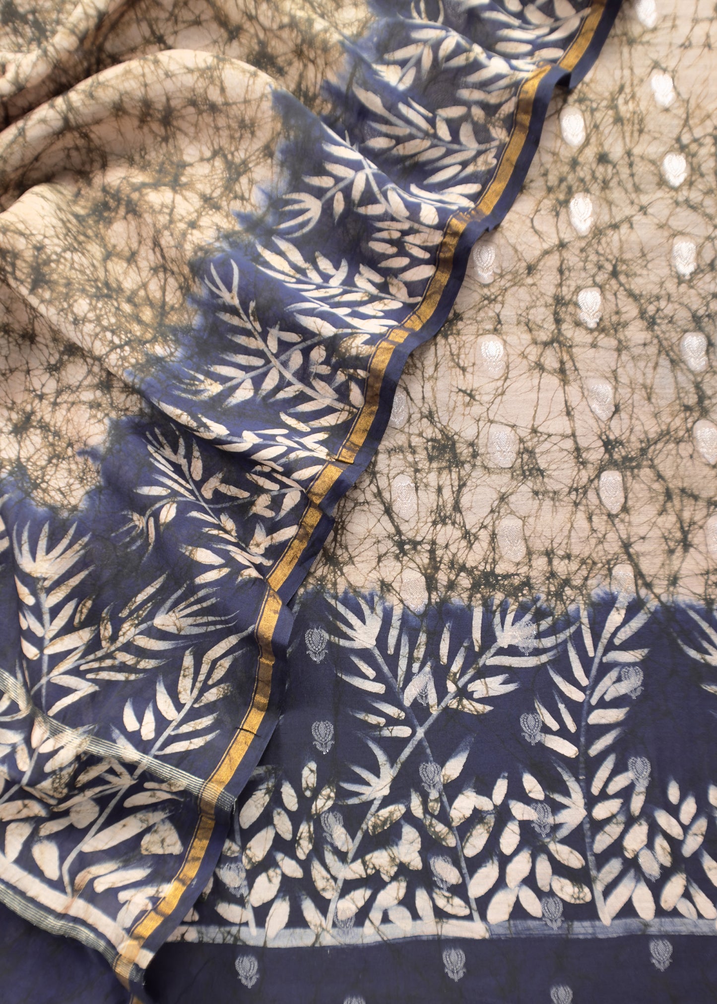 Beige And Blue Abstact Print Maheshwari Silk Suit With Gold Zari weaving