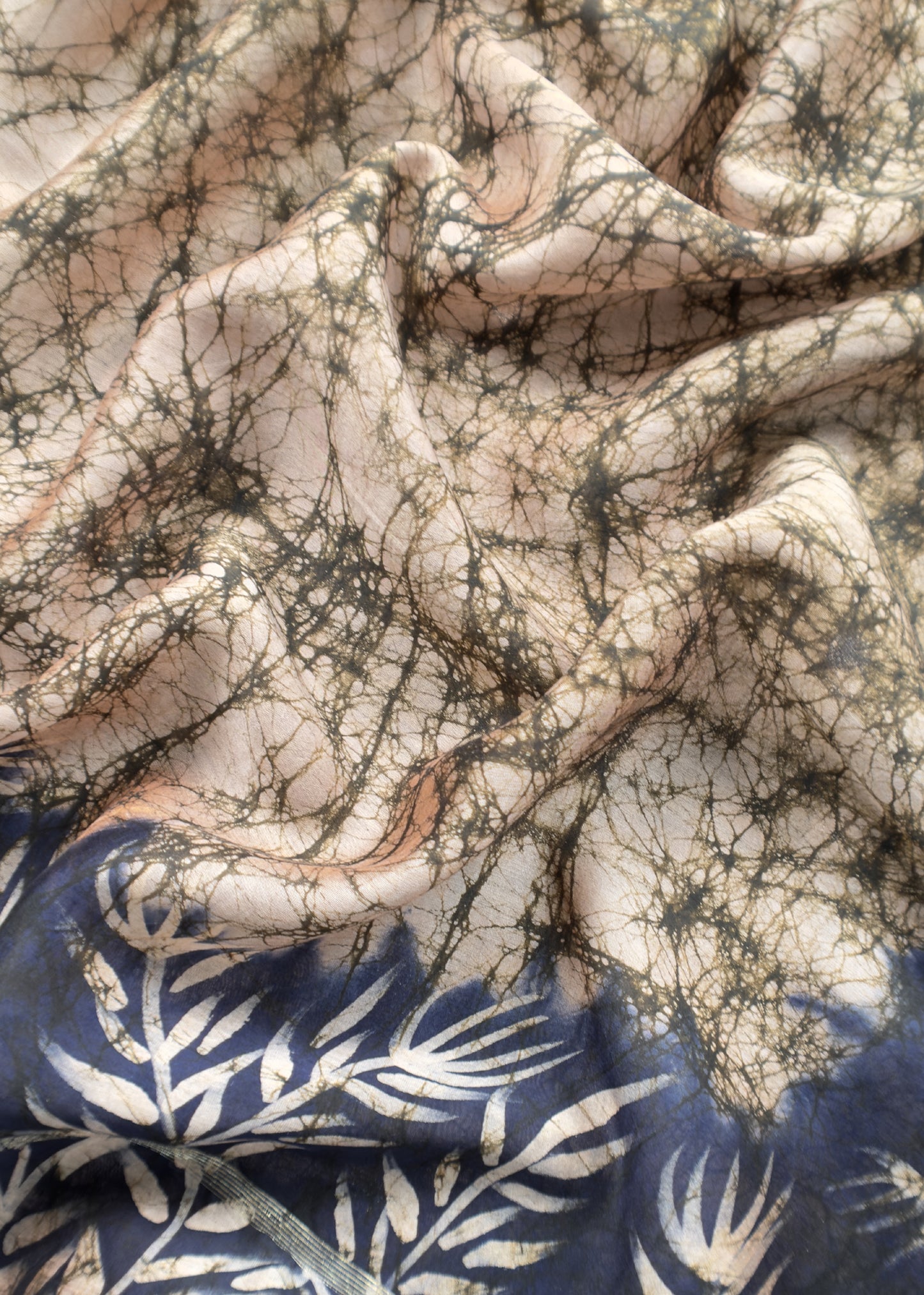 Beige And Blue Abstact Print Maheshwari Silk Suit With Gold Zari weaving