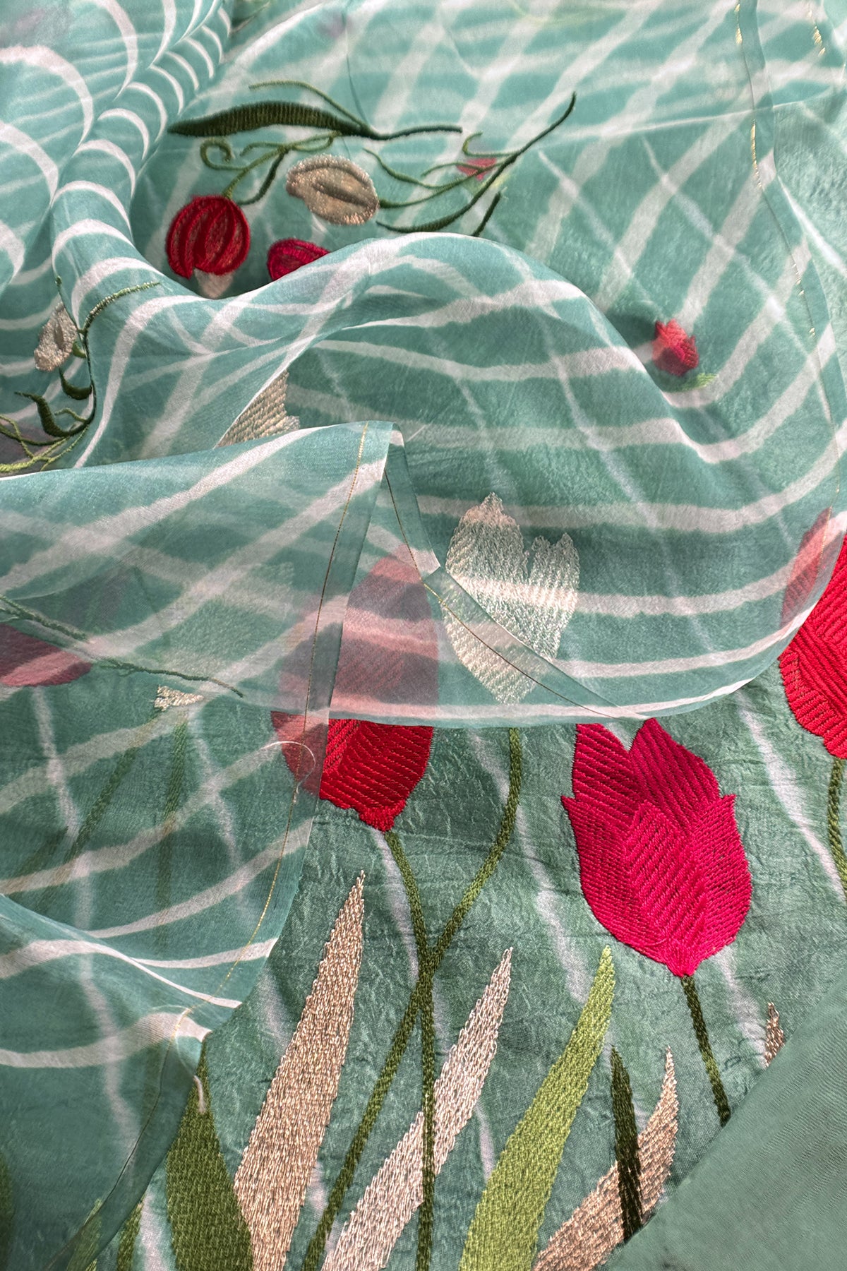 Mint Green Pure Lehariya Silk Suit With Organza Dupatta