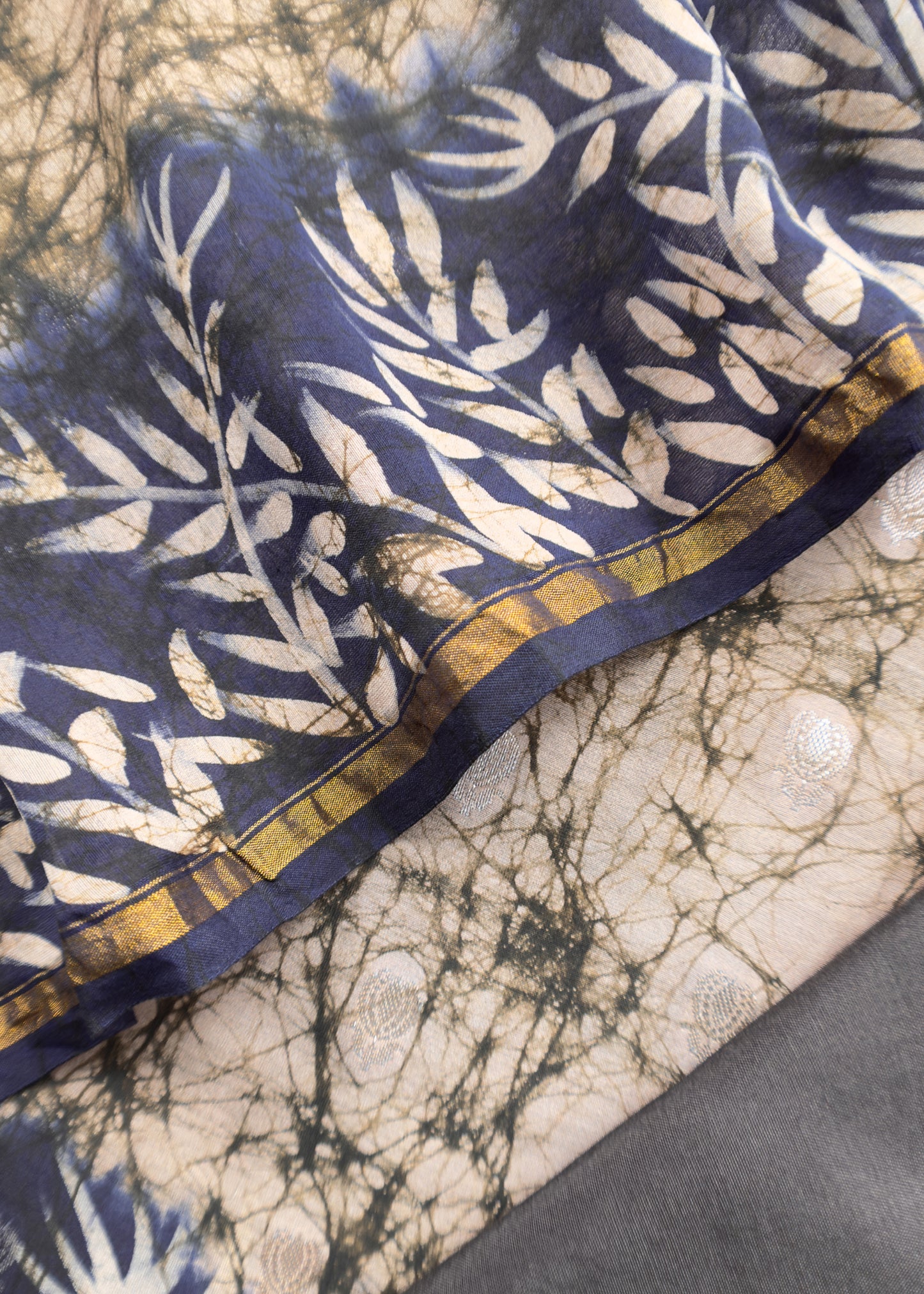 Beige And Blue Abstact Print Maheshwari Silk Suit With Gold Zari weaving