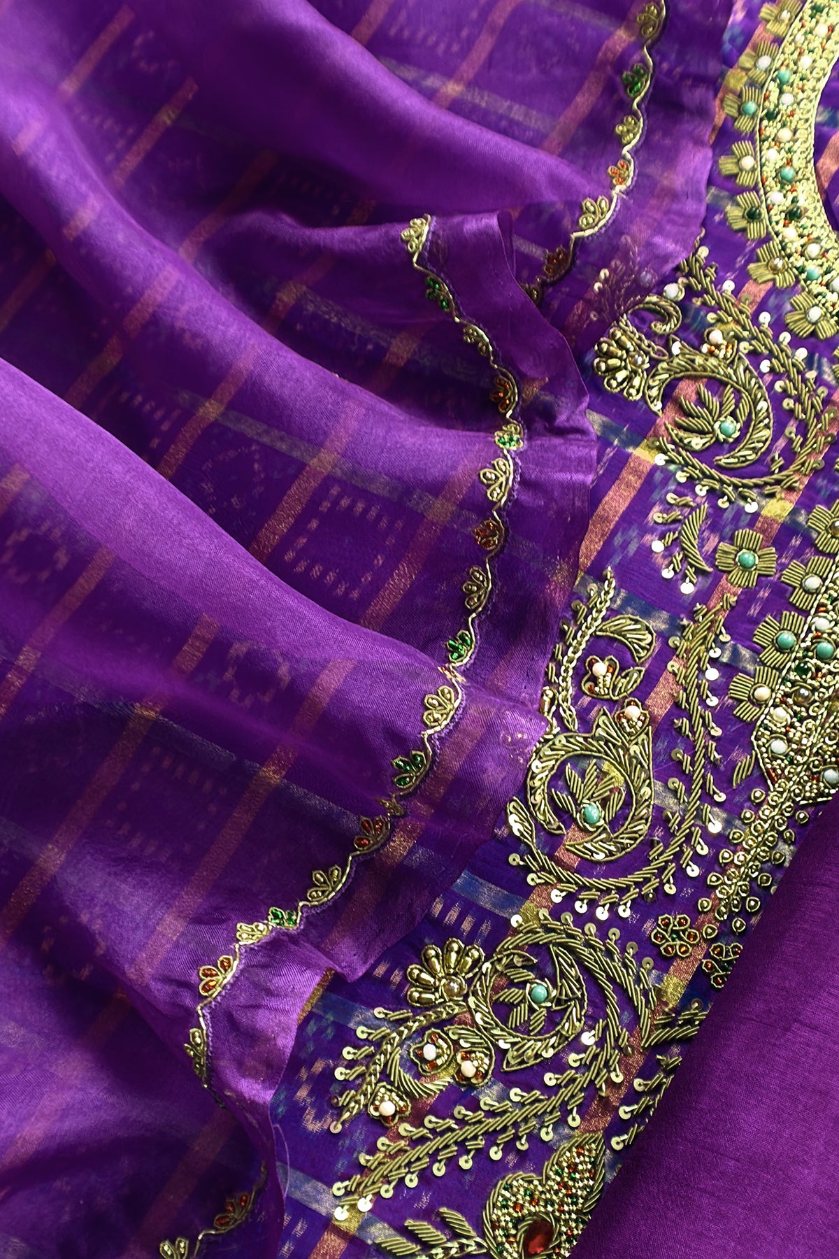 Mahalakshmi Violet Handloom Ikkat gold checks kurta and Organza dupatta with Jadau zardosi zari Handwork