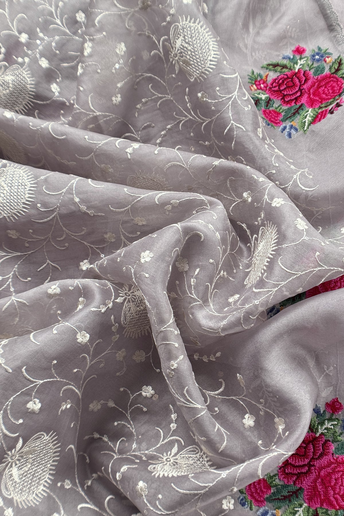 Light Grey Pure Organza Hand Embroidered Lakhnavi Kurta And Kora Silk Dupatta With Resham Embroidery