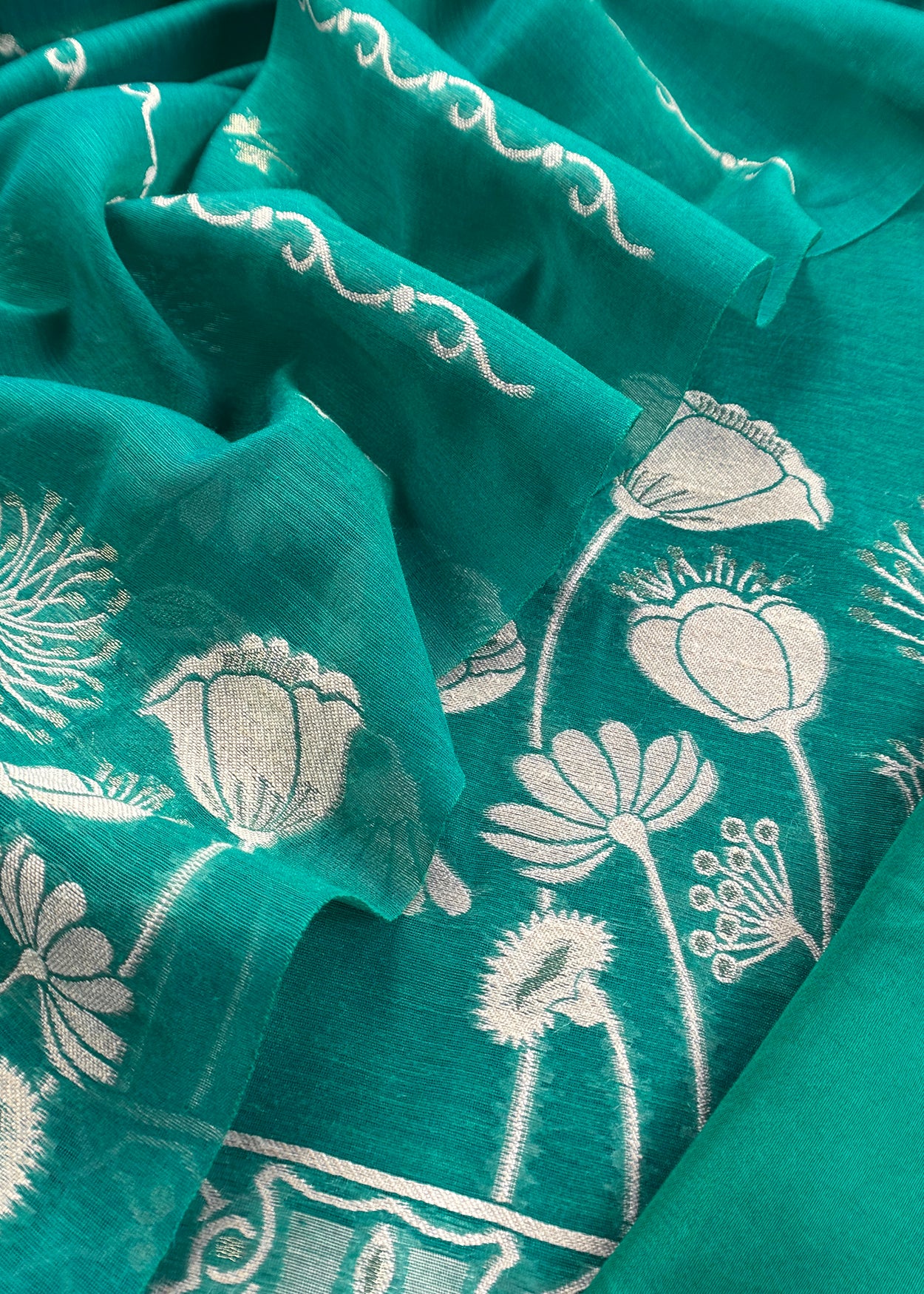 Persian Green Floral Jamdani Weaved Unstitched Suit In Linen Chanderi