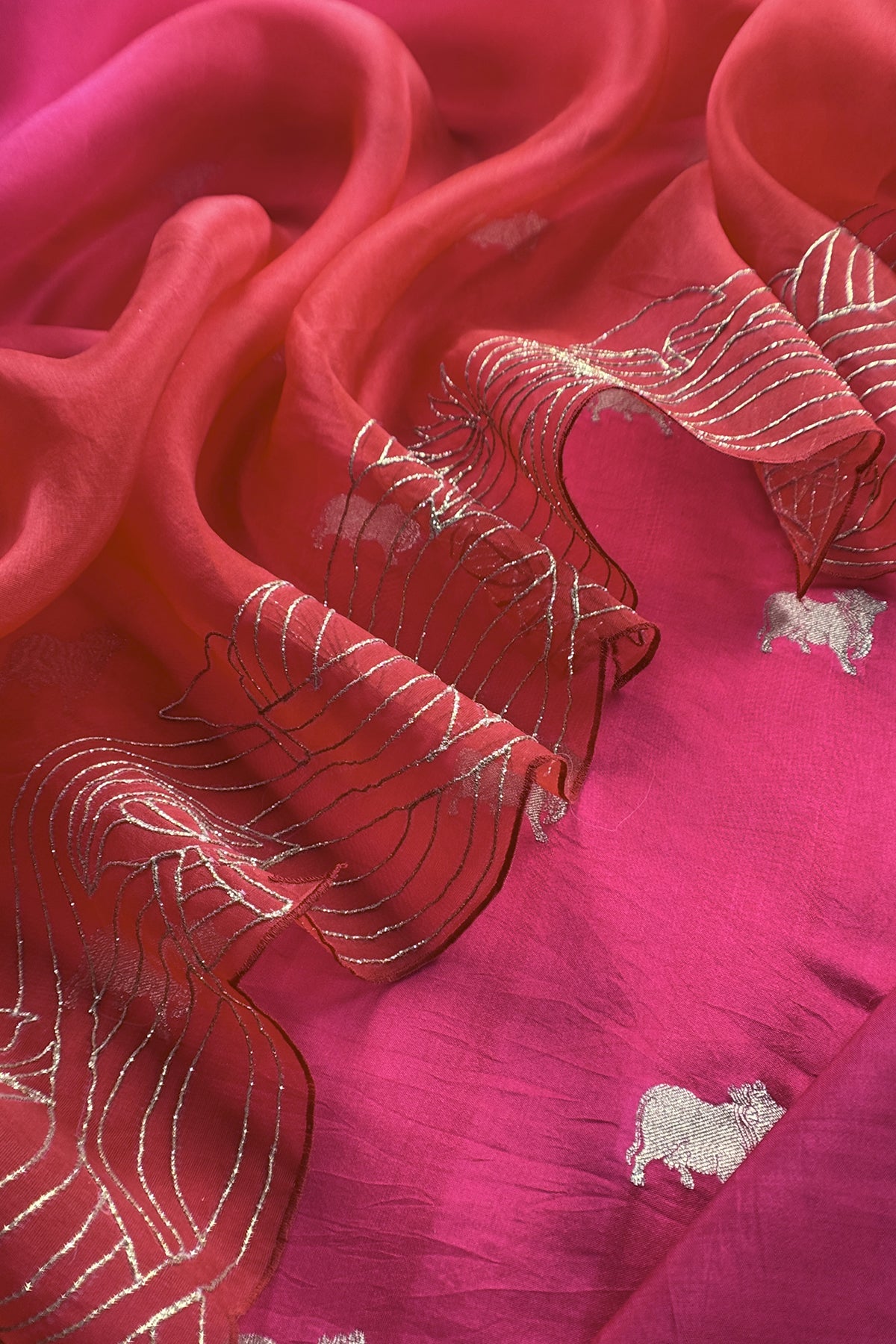 Pink Pure Chiniya Silk Kurta And Ombré Kora Silk Dupatta With Handw