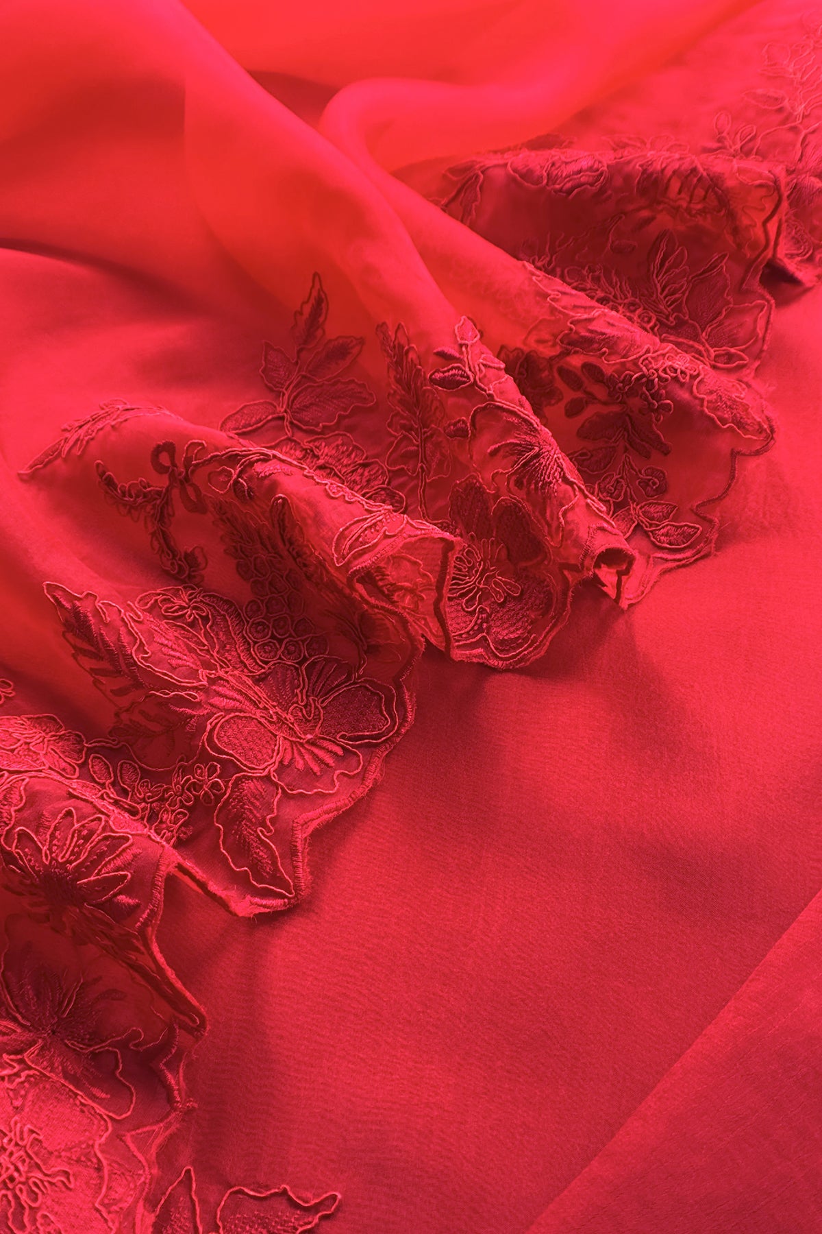 Kalasheel Luxe Red Handloom Organza Suit With Garden French Embroidery