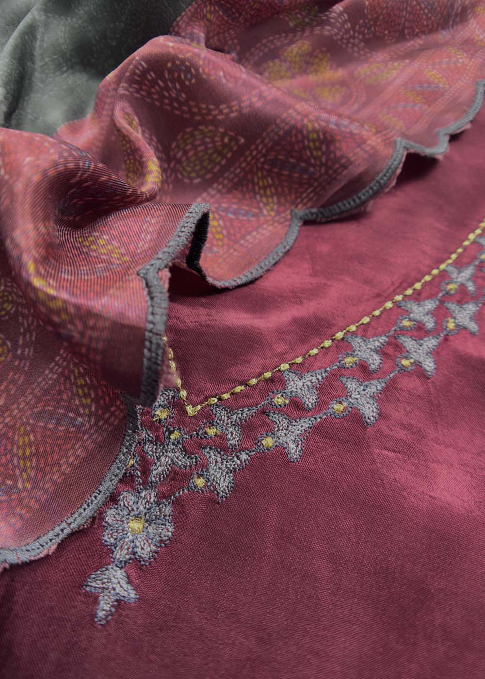 Wine Gajji Silk Suit With Contrast Bandhani Dupatta