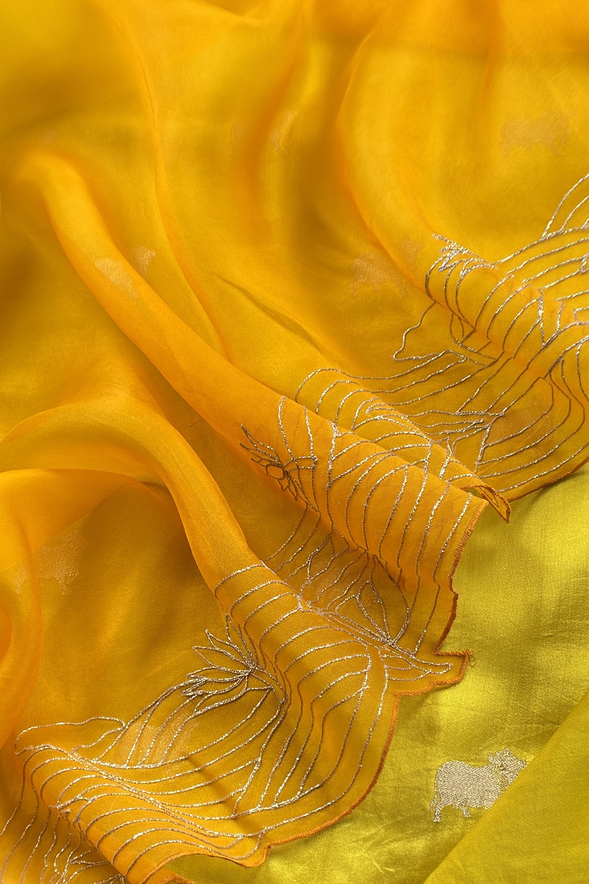 Yellow Pure Chiniya Silk Kurta And Ombré Kora Silk Dupatta With Handw