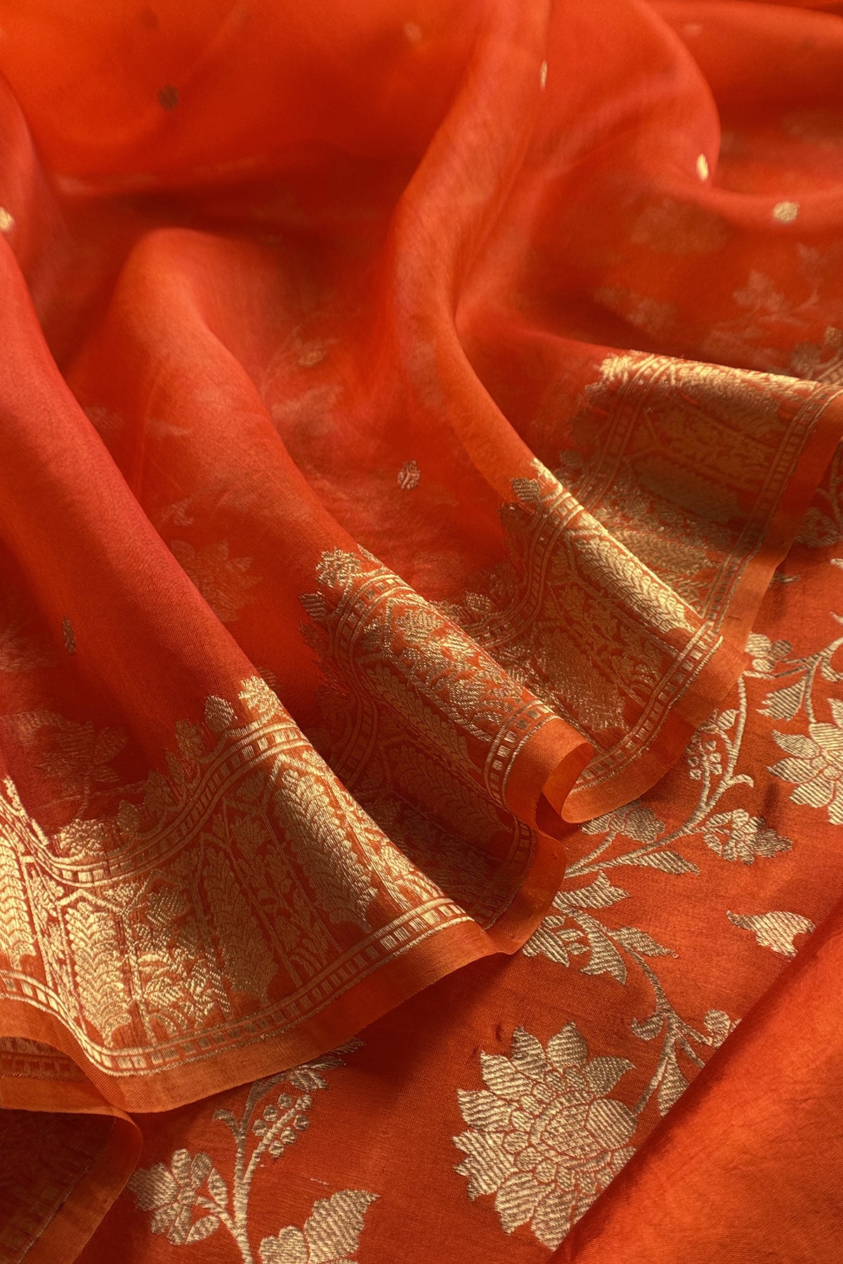 Orange Varanasi Pure Silk Suit With Sonarupa Weaving With Kora Silk Dupatta
