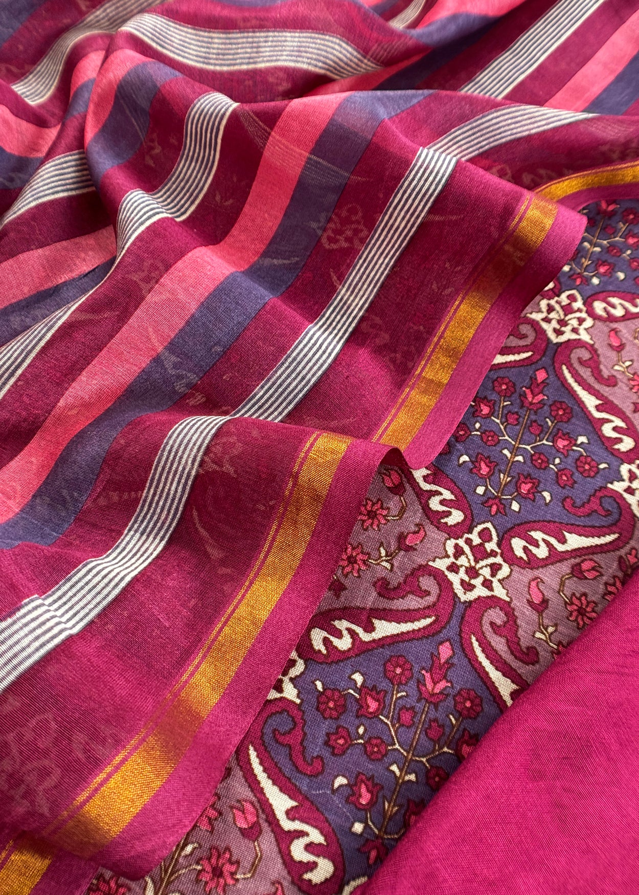 Purple Pure Maheshwari Silk Suit In Hand-Block Print With Dupatta