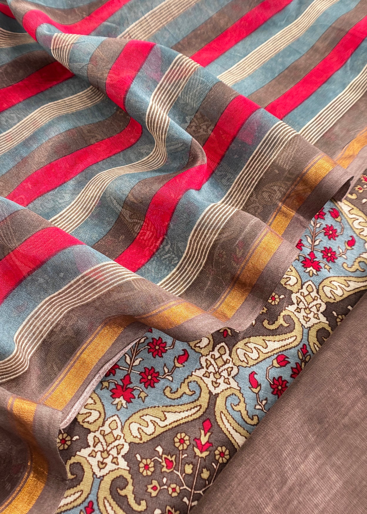 Brown Pure Maheshwari Silk Suit In Hand-Block Print With Dupatta