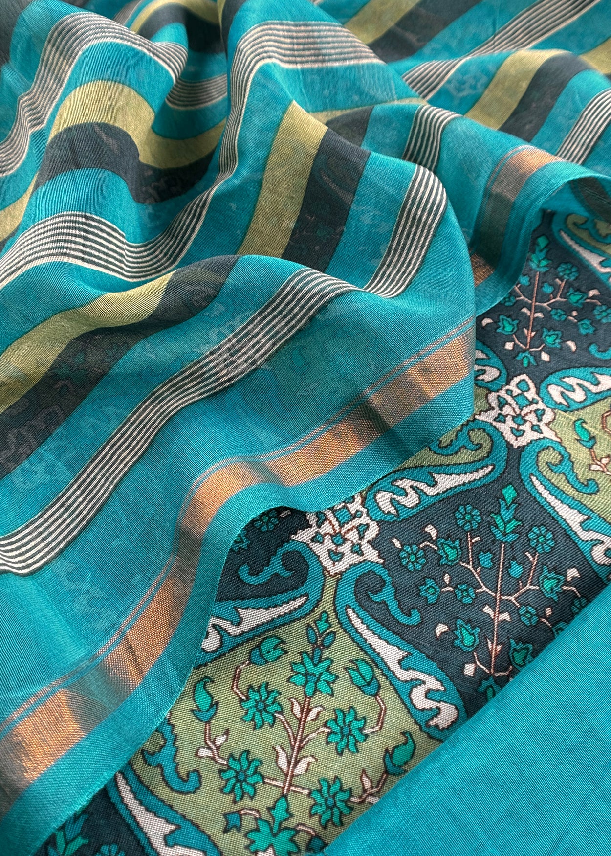 Blue Pure Maheshwari Silk Suit In Hand-Block Print With Dupatta