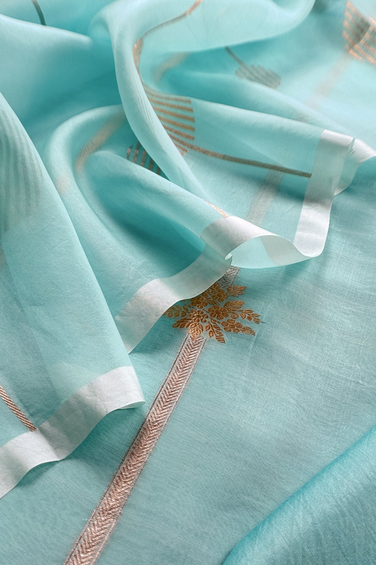 Sky Blue Handloom Kora Silk Suit With Sona Rupa Kadwa Weaving