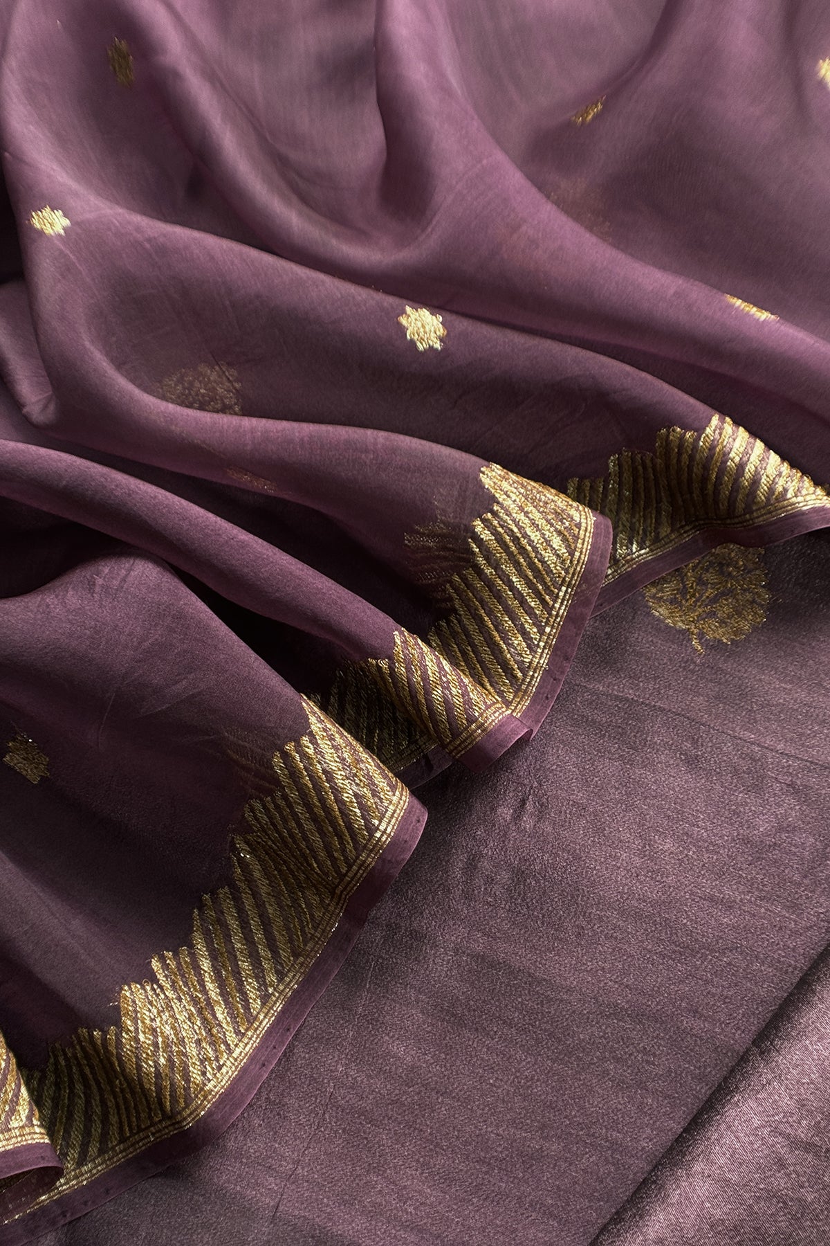 Dark Purple Handloom Raw Silk Kurta And Kora Silk Dupatta With Gold Kadwa Weaving