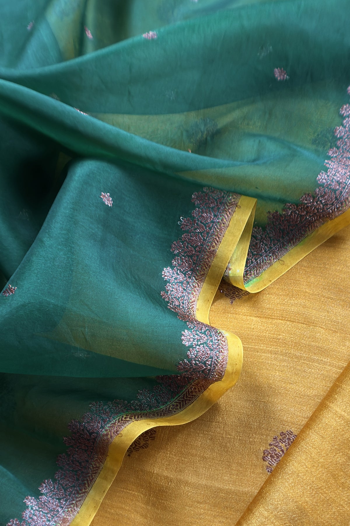 Yellow and Green Handloom Raw Silk Suit With Kora Silk Dupatta