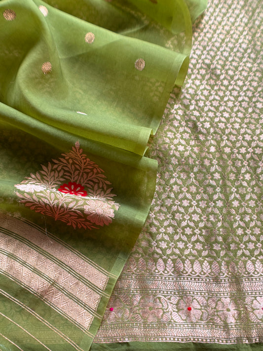 Green Pure Brocade Silk Suit With Kora Silk Dupatta