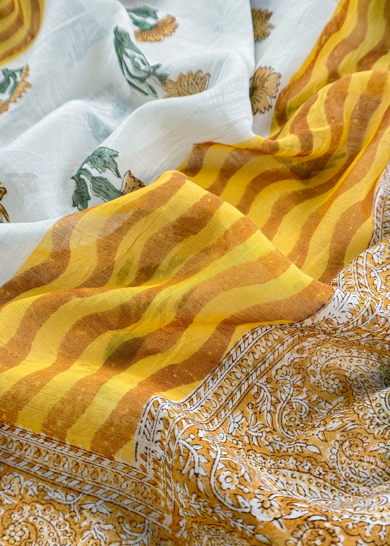 Yellow Pure Mulmul Unstitched Suit Fabric With Floral Print