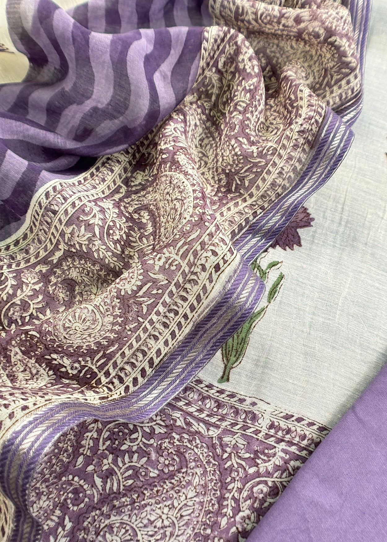 Purple Pure Mulmul Unstitched Suit Fabric With Floral Print