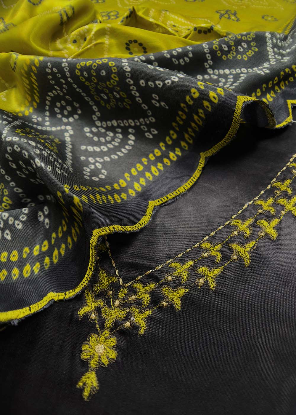 Black Gajji Silk Suit With Contrast Bandhani Dupatta