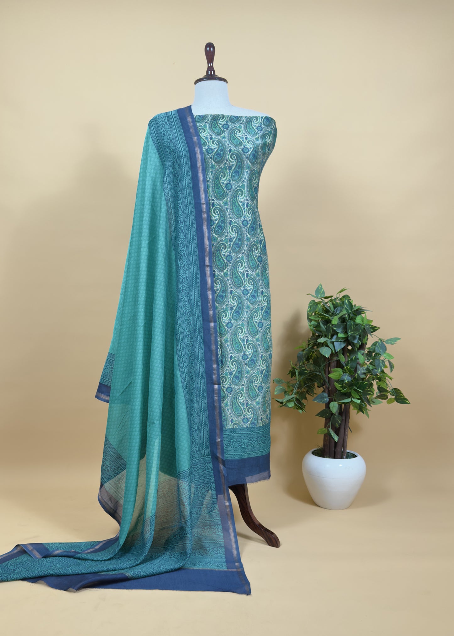 Pink Paisley Block Print Pure Maheshwari Silk Unstitched Suit