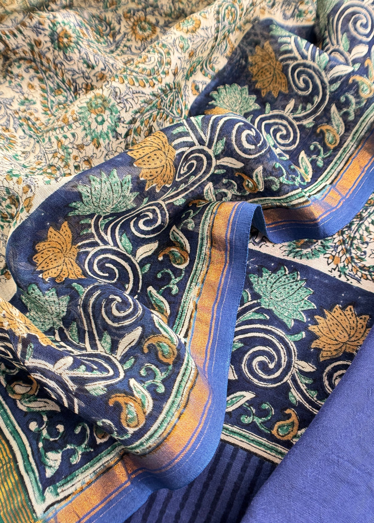 Blue Paisley Block Print Pure Maheshwari Silk Unstitched Suit