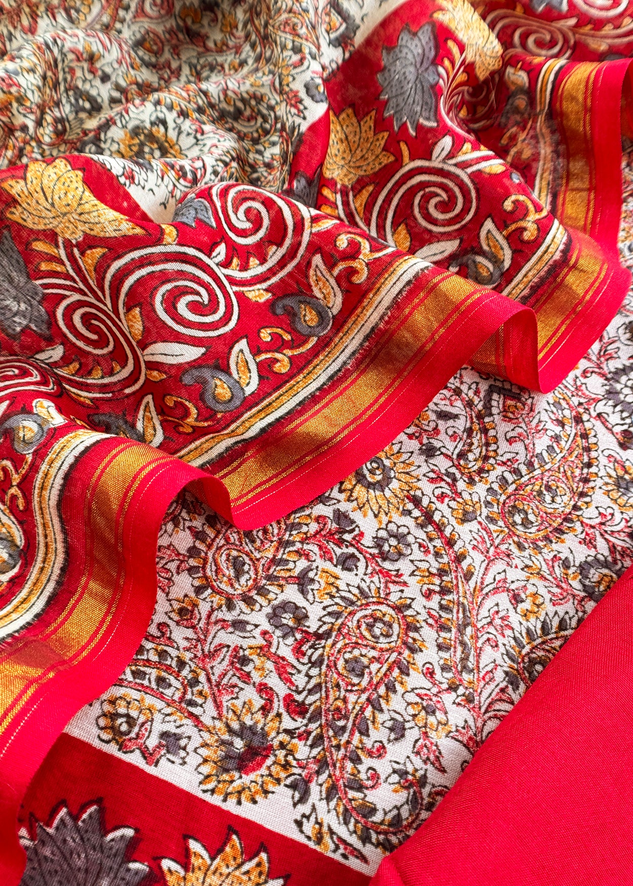 Red Paisley Block Print Pure Maheshwari Silk Unstitched Suit
