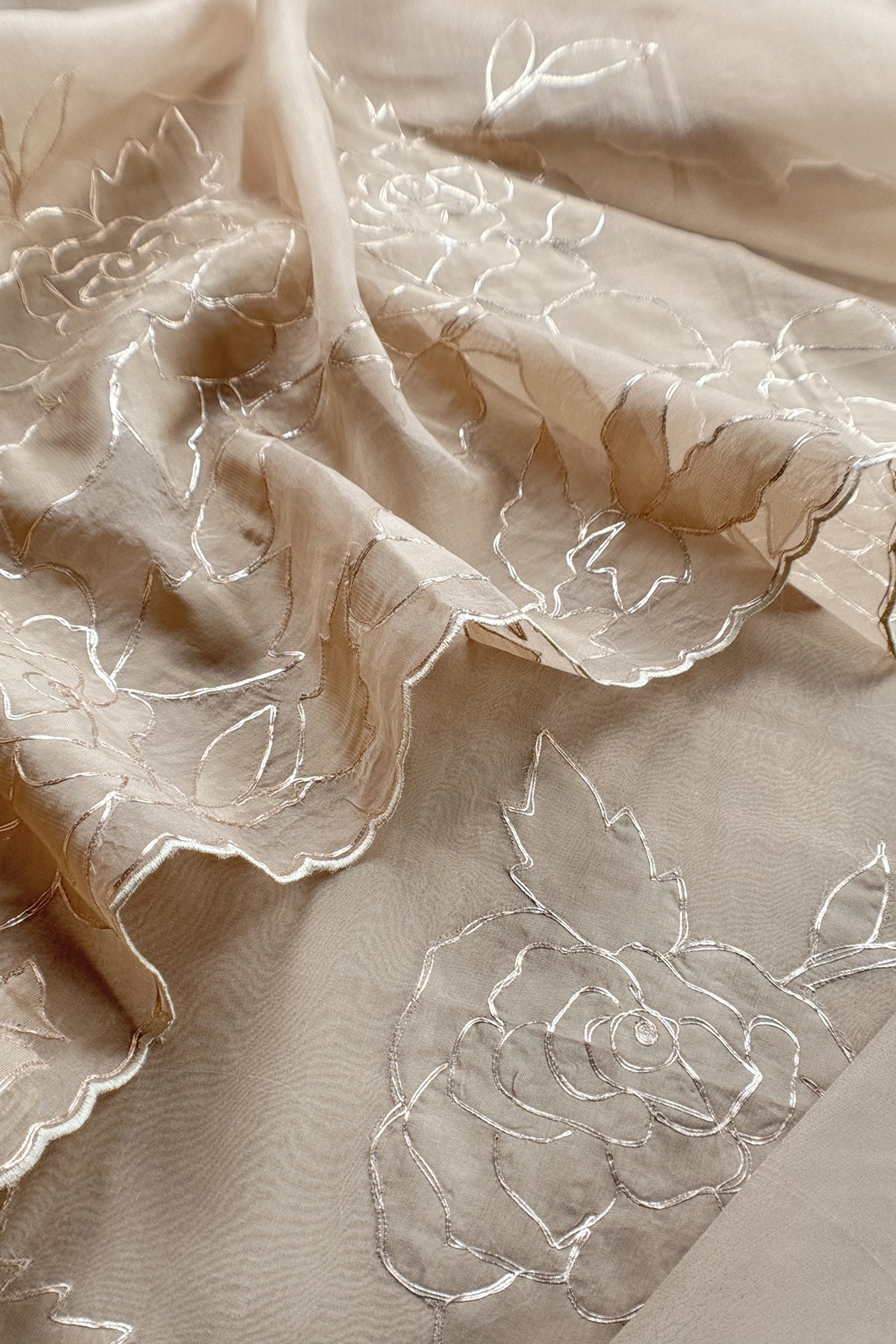 Beige French Roses Handloom Organza Suit Fabric With Appliqué And Pitta Work